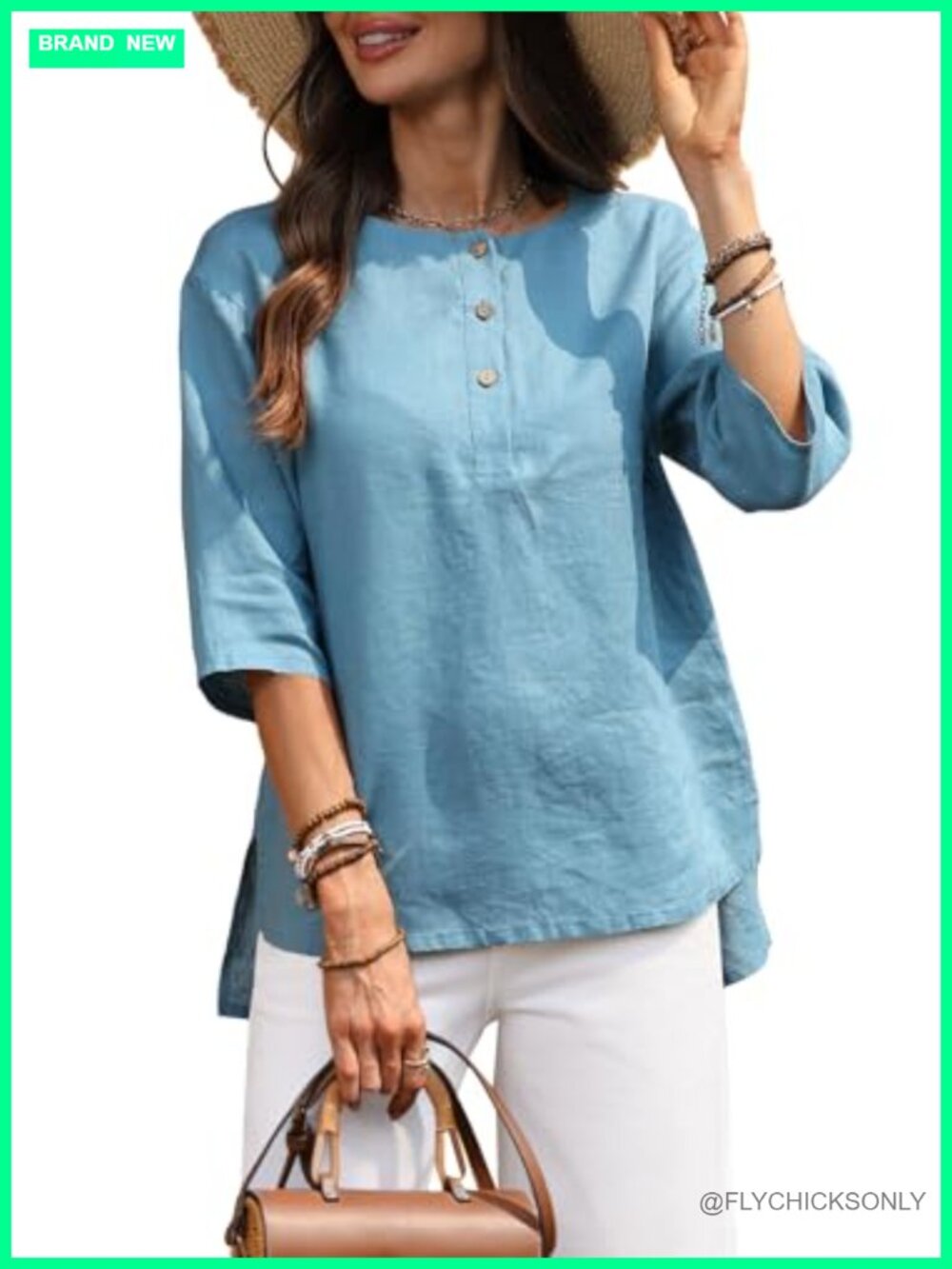 100% Linen 3/4 Sleeve Henley Button Up Tunic Top Casual